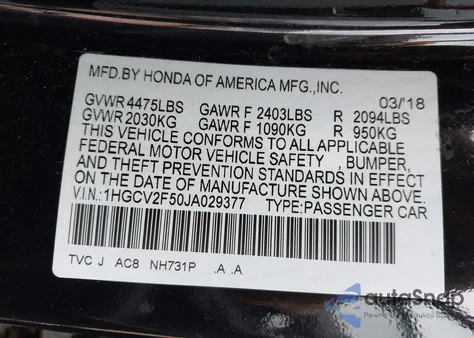 2018 Honda Accord Ex-L 2.0T из США, поврежденный, VIN 1HGCV2F50JA029377